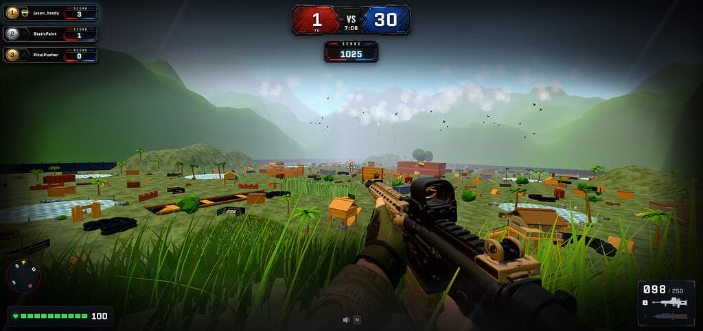 Paintball arena full of bunkers with paint splats
