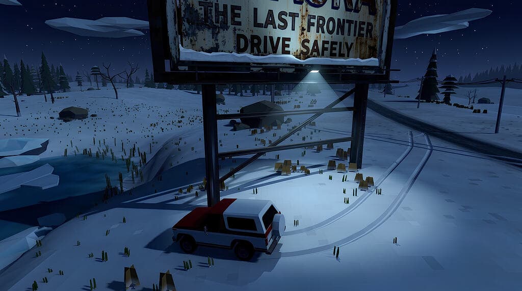 Snowbound road in a post-apocalyptic winter landscape