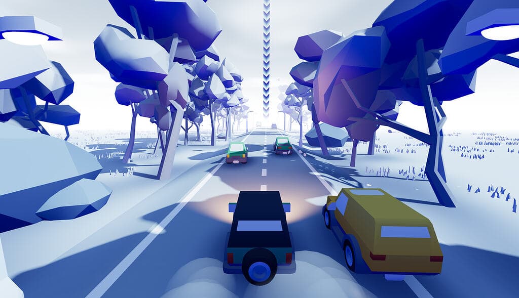 Stylised low-poly car weaving through traffic