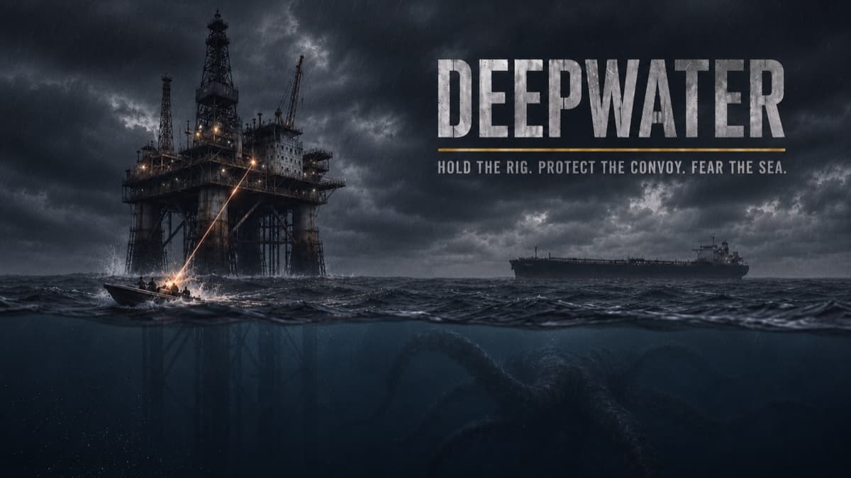 DEEPWATER oil rig at night beneath a stormy sky